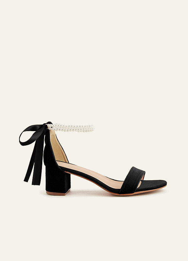 Matching Color Velvet Pearl Strap Block Heel Sandals front