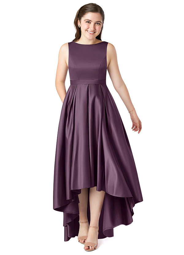 Azazie Inaya Junior Plum A-Line with Belt Stretch Satin Dress image1