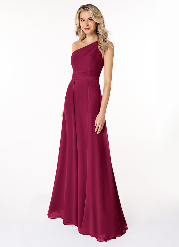 Azazie Dallas Bridesmaid Dresses Burgundy A-Line One Shoulder Chiffon Dress image1
