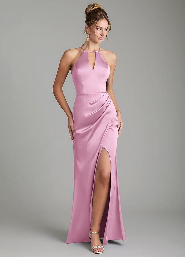 Azazie Aidyn Bridesmaid Dresses Candy Pink Sheath Pleated Stretch Satin Dress image1