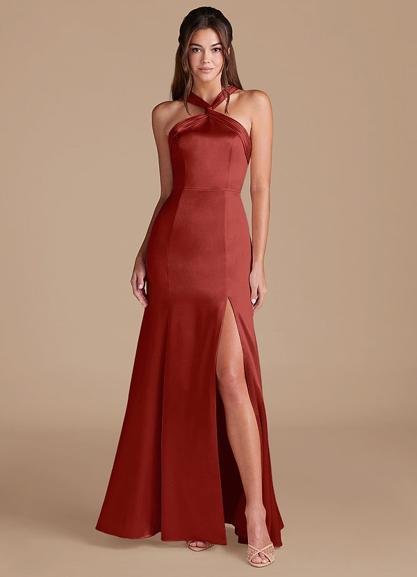 Azazie Rue Vestidos Dama de Honor Vestido de Óxido de Satén Metálico de Corte Sirena con Plisado image1