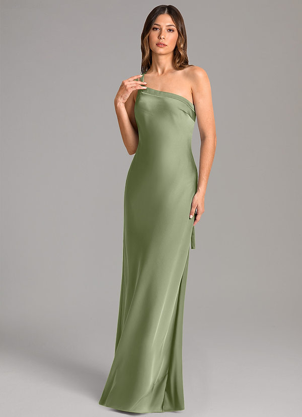 Azazie Monroe Vestidos de dama de honor Vestido Pistacho de Satén Elástico de Corte Sirena con Un hombro image1