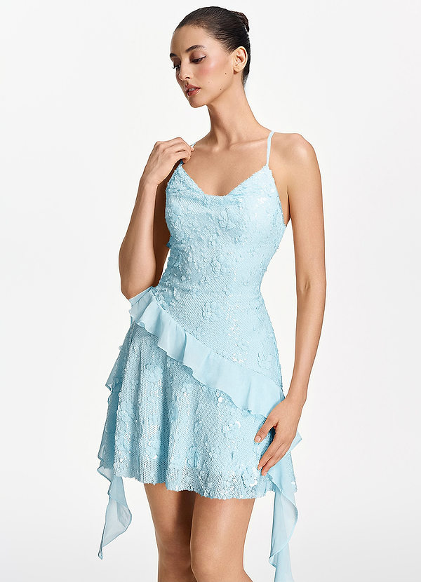 Honorata Bleu Ciel Robe mini à sequins et fleurs, bretelles spaghetti et lacets image1