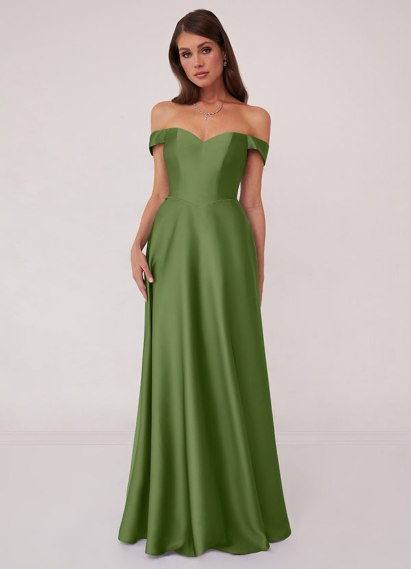 Barbie ♥ Azazie Bridesmaid Dresses Juniper A-Line Off the Shoulder Stretch Satin Convertible Dress image1