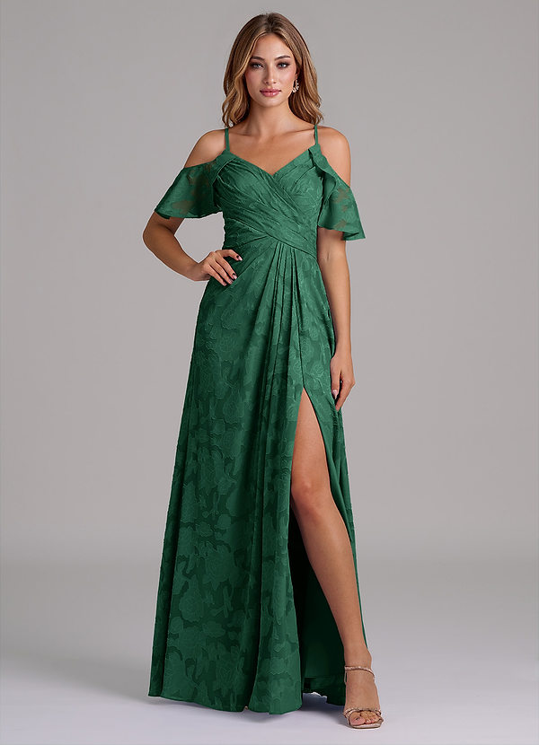 Azazie Dakota Bridesmaid Dresses Dark Green A-Line Off the Shoulder Floral Burnout Dress image1