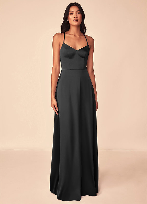 Azazie Mei Bridesmaid Dresses Black A-Line V-Neck Stretch Satin Dress image1