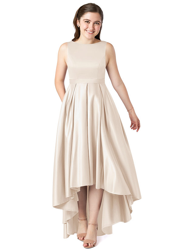 Azazie Inaya Junior White Alabaster A-Line with Belt Stretch Satin Dress image1