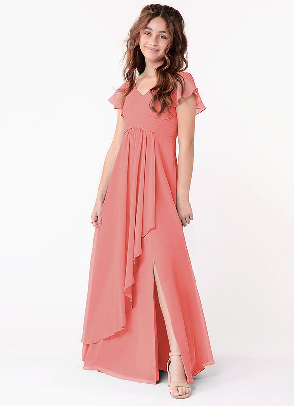 Azazie Omari Junior Coral A-Line Ruched Chiffon Dress image1
