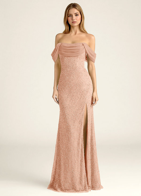 Elowencyn Rose Pêche Robe de bal en mousseline satinée à perles et résille image1