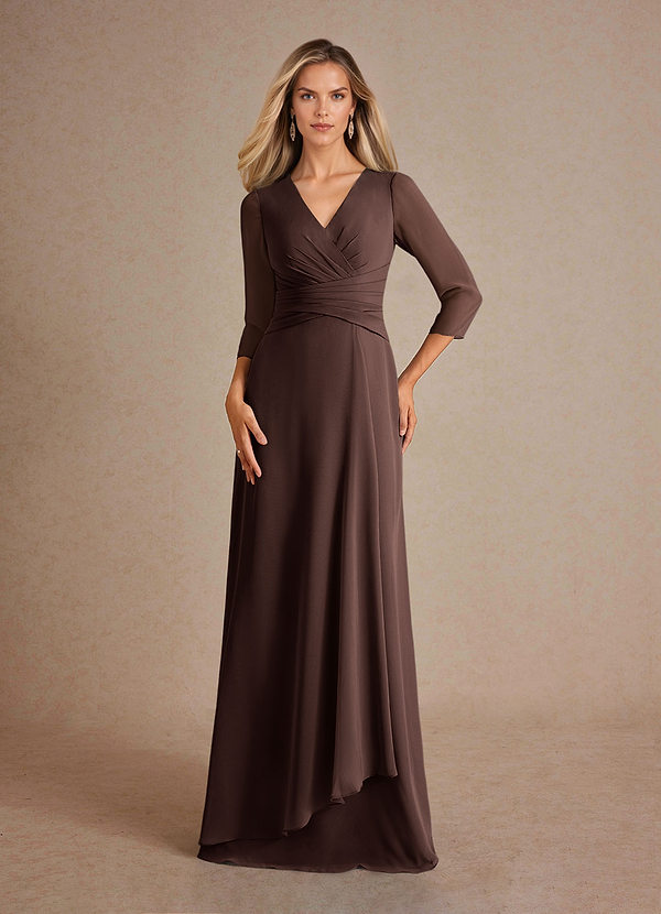 Azazie Mayfield Robe Mère de la Mariée & du Marié Robe Trapèze en Mousseline de soie Plissée Ganache image1