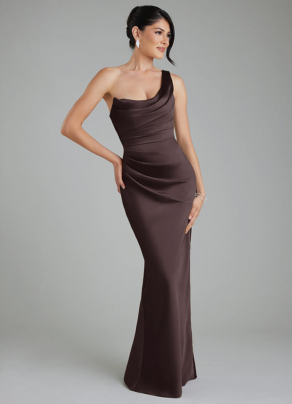 Azazie Sabrina Bridesmaid Dresses Chocolate Plum Mermaid Corset Stretch Satin Dress image1