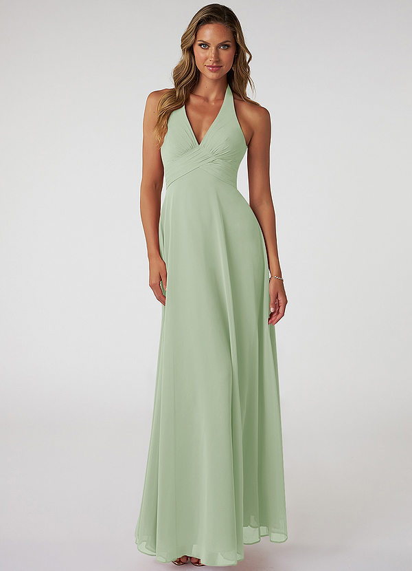 Azazie Tessie Vestidos de dama de honor Vestido de Salvia Polvorienta de Gasa de Corte En A con Cuello en V plisado image1