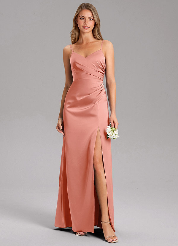 Azazie Azuree Robes Demoiselle d'honneur Robe Trapèze en Satin extensible Plissée Corail image1