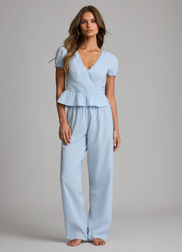 Frost Blue Lyocell-Cotton Lace-Trim Short-Sleeve Top & Long Pants Pajama Set front