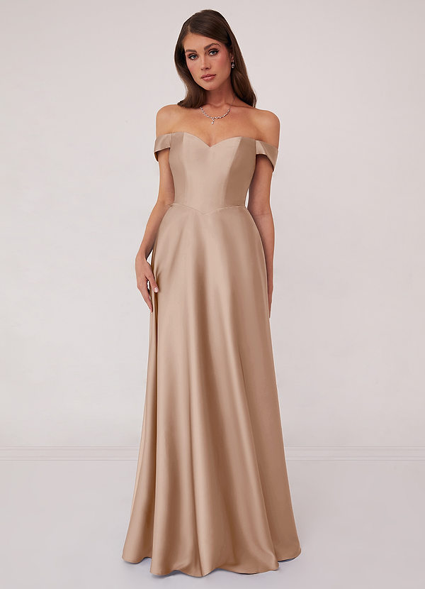 Barbie ♥ Azazie Bridesmaid Dresses Taupe A-Line Off the Shoulder Stretch Satin Convertible Dress image1