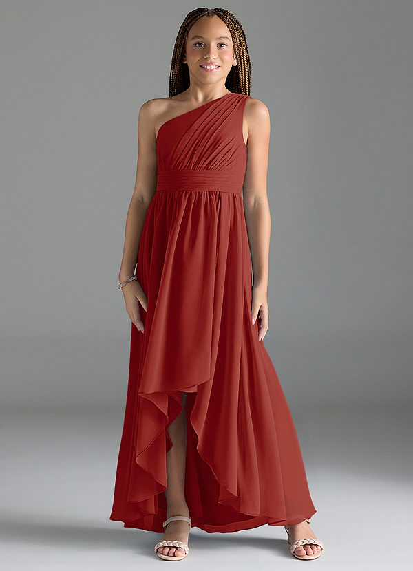 Azazie Mathilda Junior Robe Trapèze en Mousseline de soie Plissée Terracotta image1