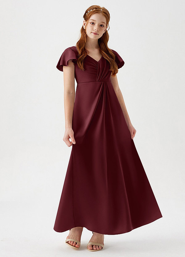 Azazie Soren Junior Abito A-Line in Raso Elasticizzato Increspato Cabernet image1