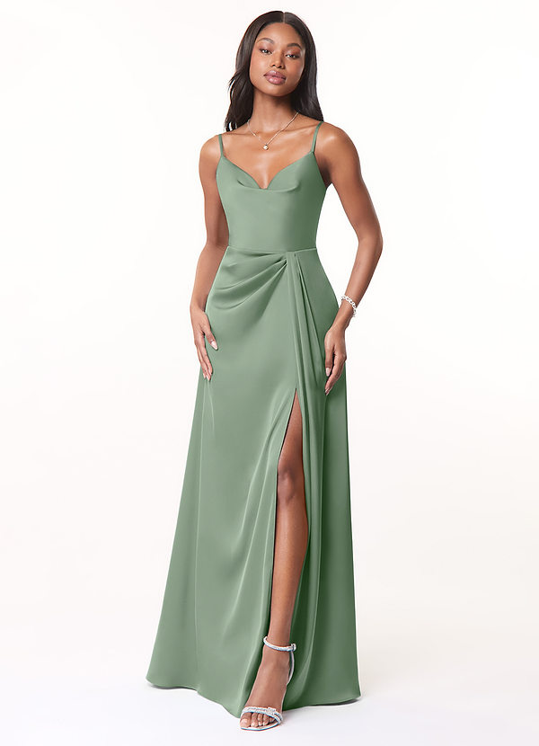 Azazie Brielle Bridesmaid Dresses Matcha A-Line Cowl Spaghetti Straps Stretch Satin Dress image1