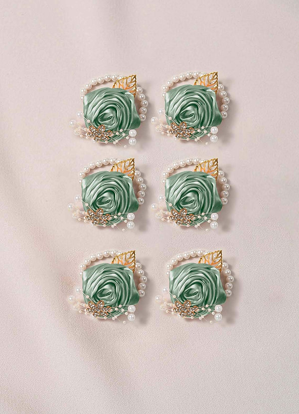 front Ramillete de muñeca para dama de honor de 6 piezas con colores a juego y pulsera de perlas