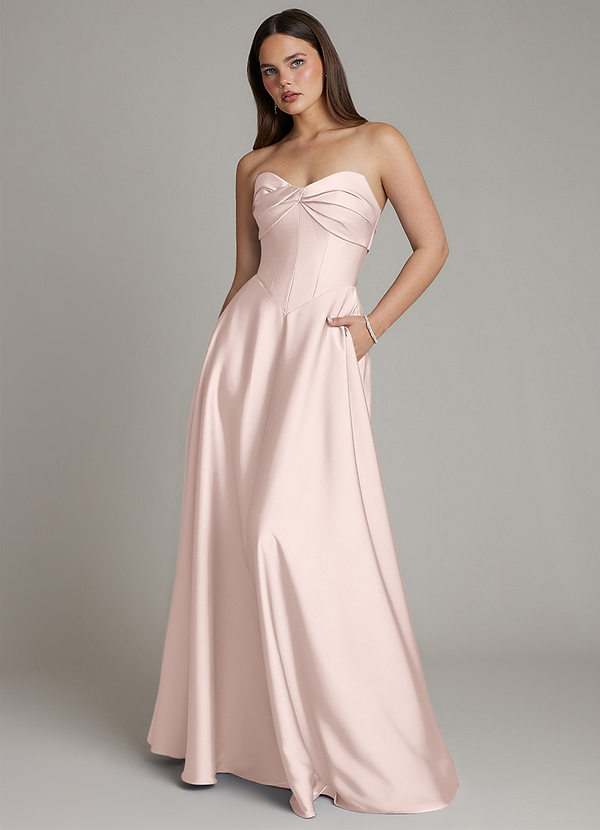 Azazie Meleena Bridesmaid Dresses Blushing Pink A-Line Strapless Stretch Satin Dress image1