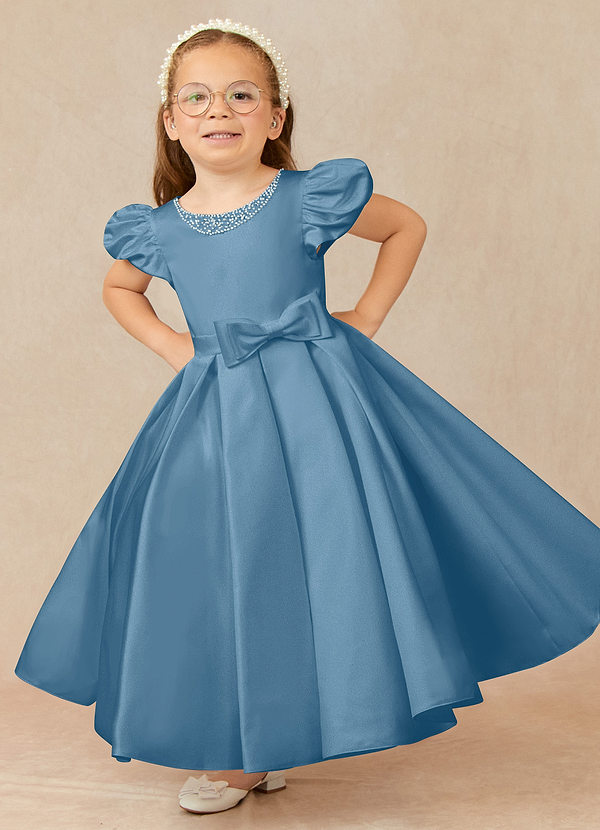 Azazie Jewel Flower Girl Dresses Steel Blue Ball-Gown Pleated Matte Satin Dress image1