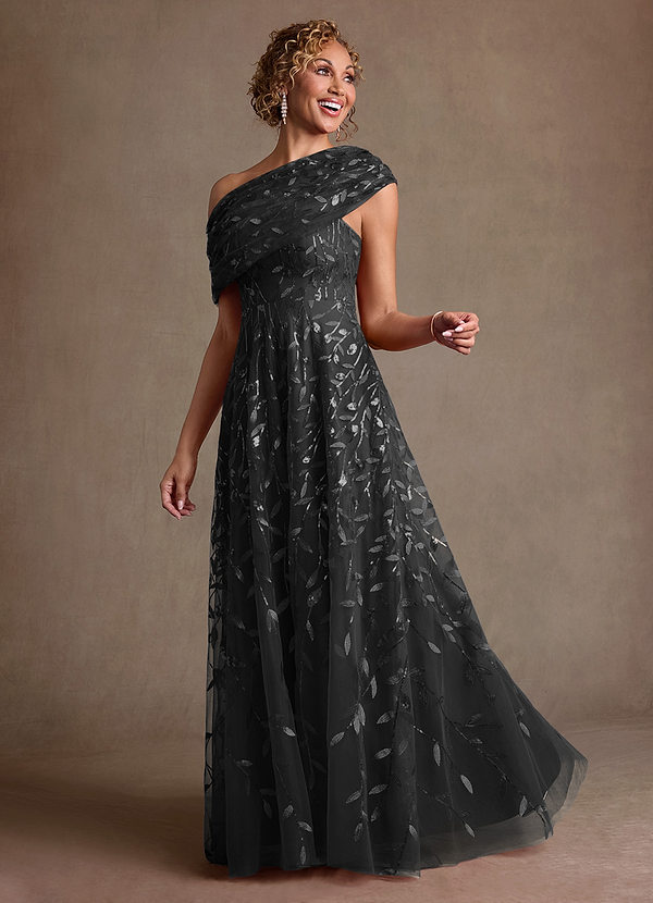 Azazie Sidney Robe Mère de la Mariée & du Marié Robe Trapèze en Dentelle Épaule décolletée Noir image1