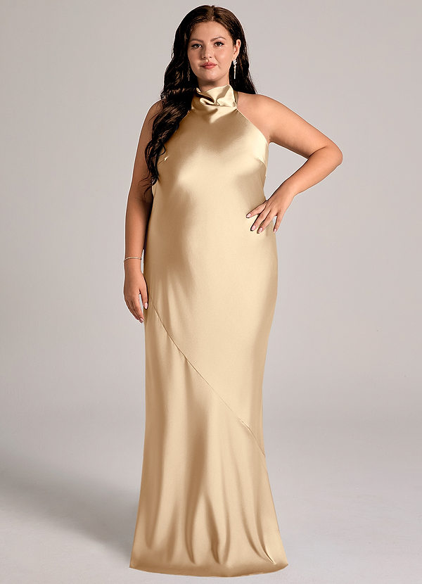 Azazie Velli Bridesmaid Dresses Champagne Mermaid High Neck Stretch Satin Dress image1