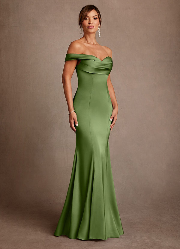 Azazie Boone Klänningar till brudens mor Klä Sjöjungfru i Stretch Satin Av axeln Enbärsgrön image1