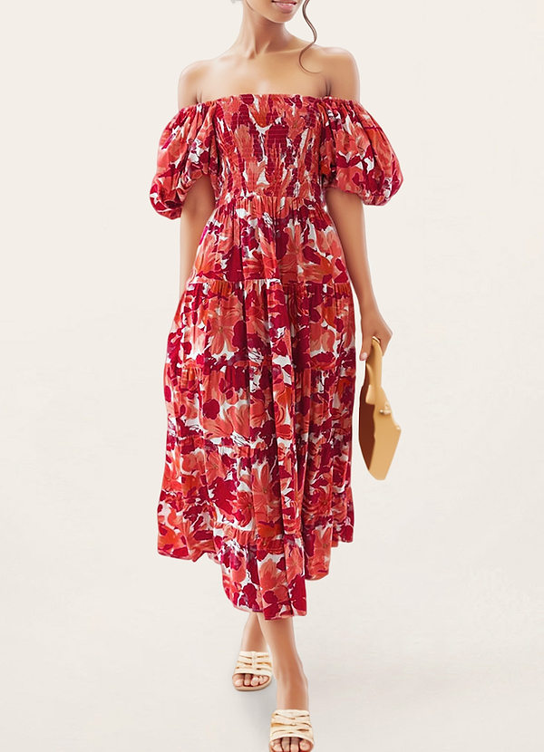 back Norwalk Rouge Robe mi-longue smockée à imprimé floral et manches bouffantes