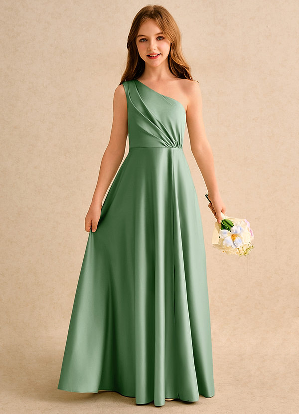 Azazie Puddles Girls Formal Bloemenmeisjes Jurken A-Lijn Jurk van Mat Satijn One-Shoulder Matcha image1