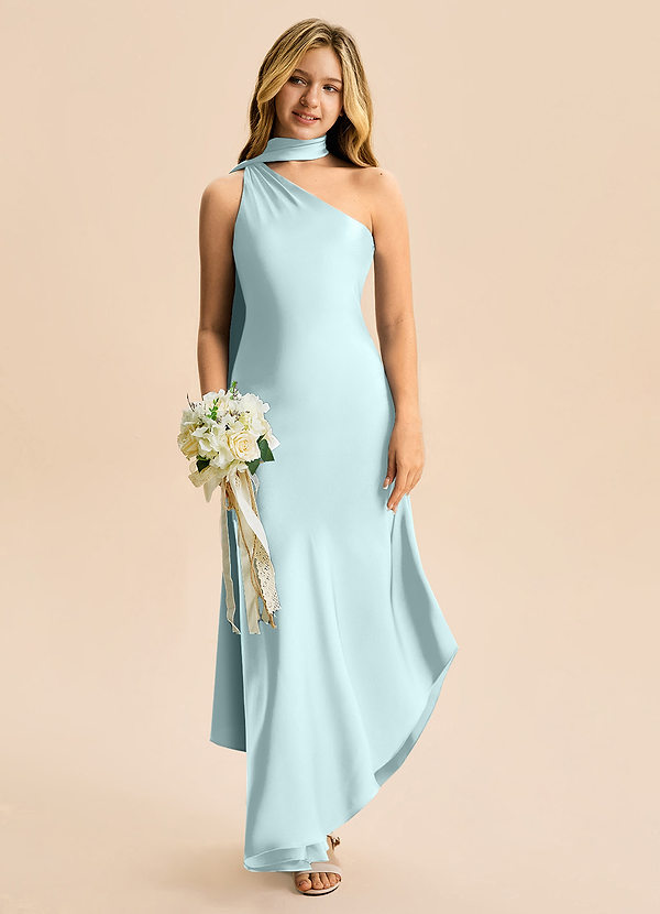 Azazie Briony Junior Sea Glass Sheath Pleated Stretch Satin Dress image1