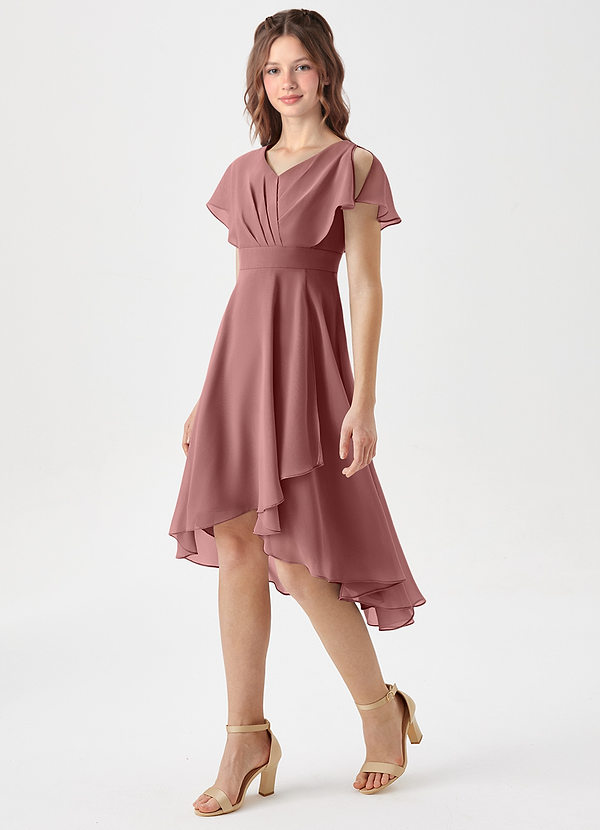 Azazie Graciela Junior Robe Trapèze en Mousseline de soie Plissée Rose Du Désert image1