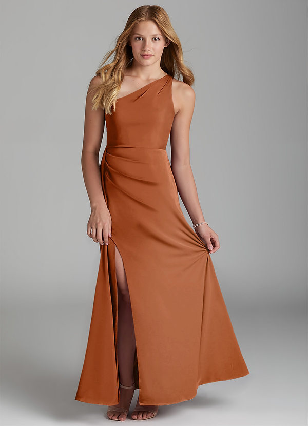 Azazie Maron Junior Copper A-Line Pleated Stretch Satin Dress image1