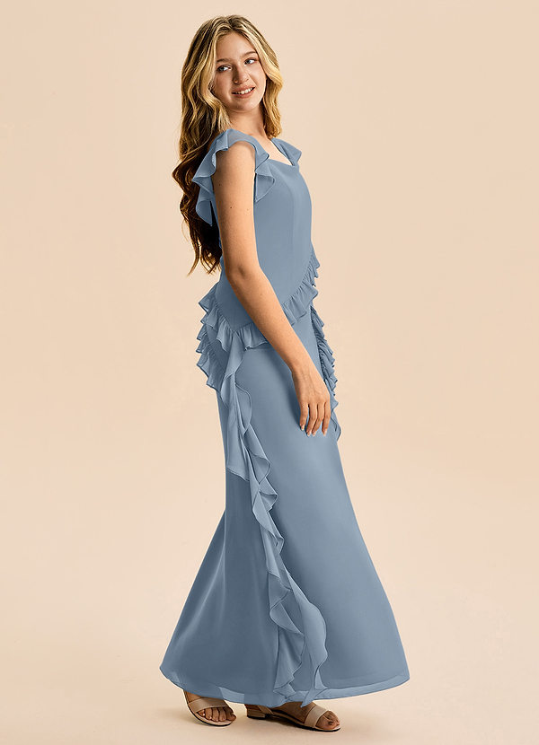 Azazie Aveline Junior Abito A-Line in Chiffon Increspato Blu Polveroso image1