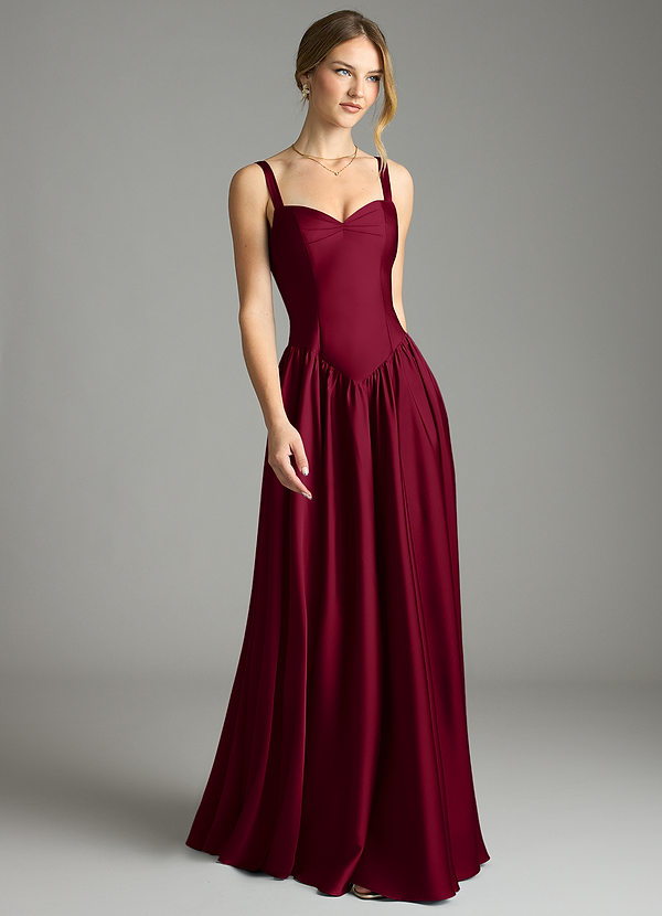 Azazie Evadina Bridesmaid Dresses Burgundy A-Line Corset Stretch Satin Dress image1