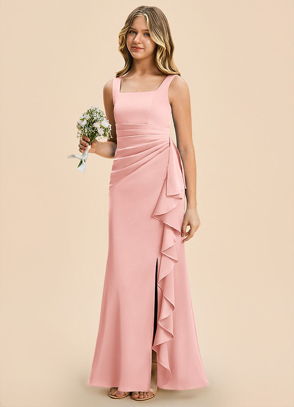 Azazie Adrienne Junior Powder Pink Sheath Pleated Stretch Satin Dress image1