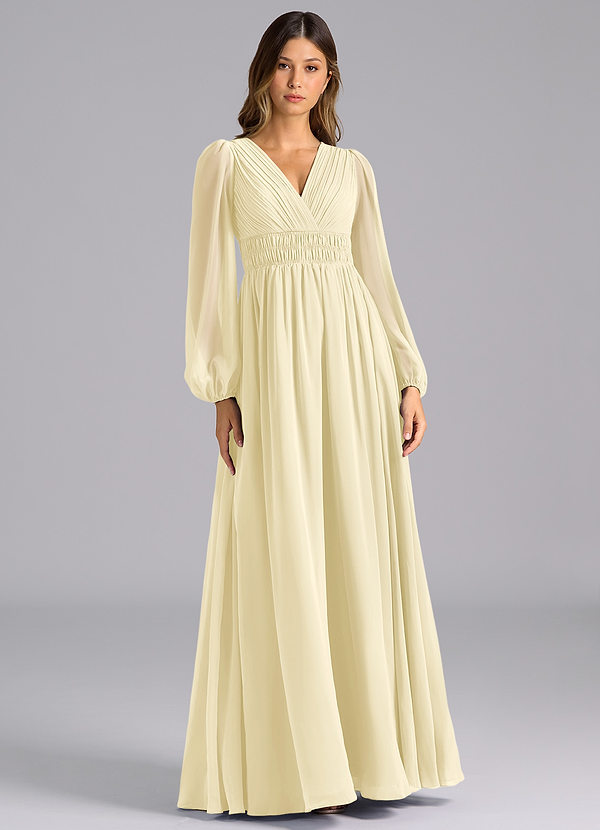 Azazie Palerma Robes Demoiselle d'honneur Robe Trapèze en Mousseline de soie Manche longue Sorbet Citron image1