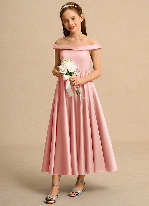 Azazie Teeny Junior Formal Vestidos de Niña de Flores Vestido de Rosetón de Satin Mate de Corte En A con Plisado image1