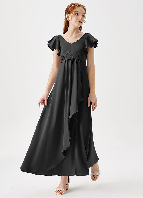 Azazie Omari Junior Black A-Line Pleated Stretch Satin Dress image1