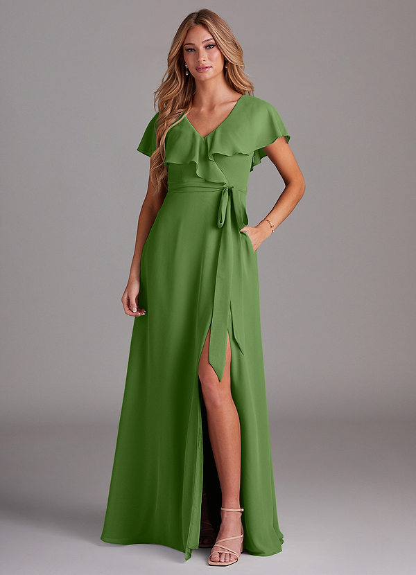 Azazie Lainey Bridesmaid Dresses Basil A-Line with Pockets Chiffon Dress image1