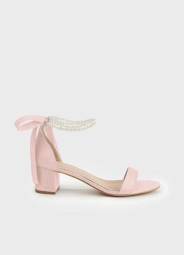 front Matching Color Matte Satin Pearl and Bow Open Toe Chunky Heel Sandals