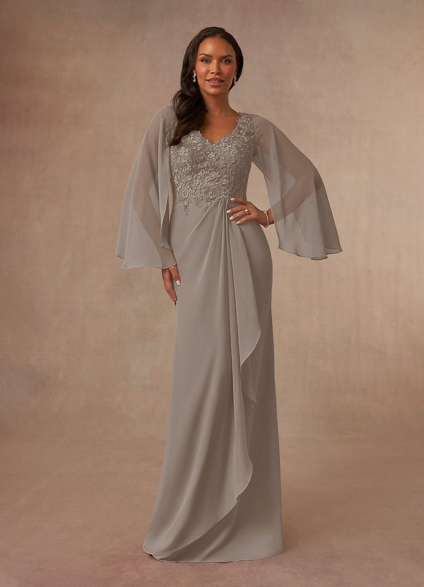 Azazie Perry Mother of the Brides Dresses Taupe Mermaid V-Neck Lace Chiffon Dress image1