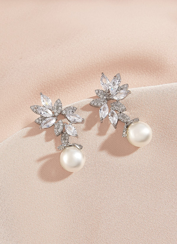 front Elegant Rhinestone Leaves Pearl Earrings