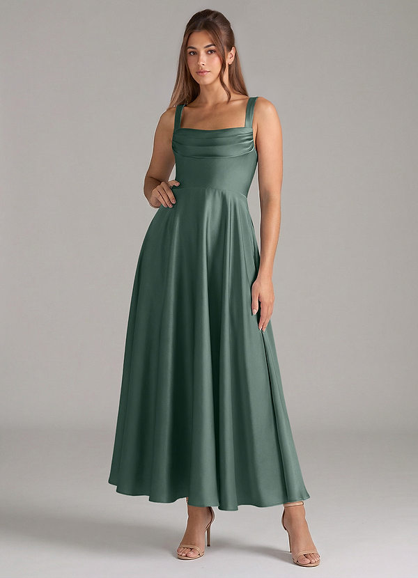 Azazie Shaude Bridesmaid Dresses Sea Moss A-Line Pleated Stretch Satin Dress image1
