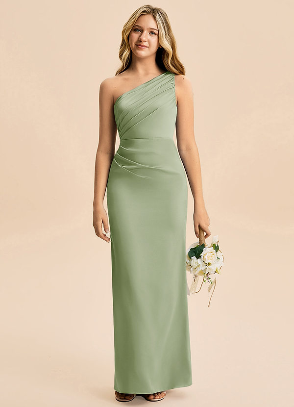 Azazie Akilah Junior Vestido de Salvia Polvorienta de Satén Elástico de Corte Recto con Plisado image1