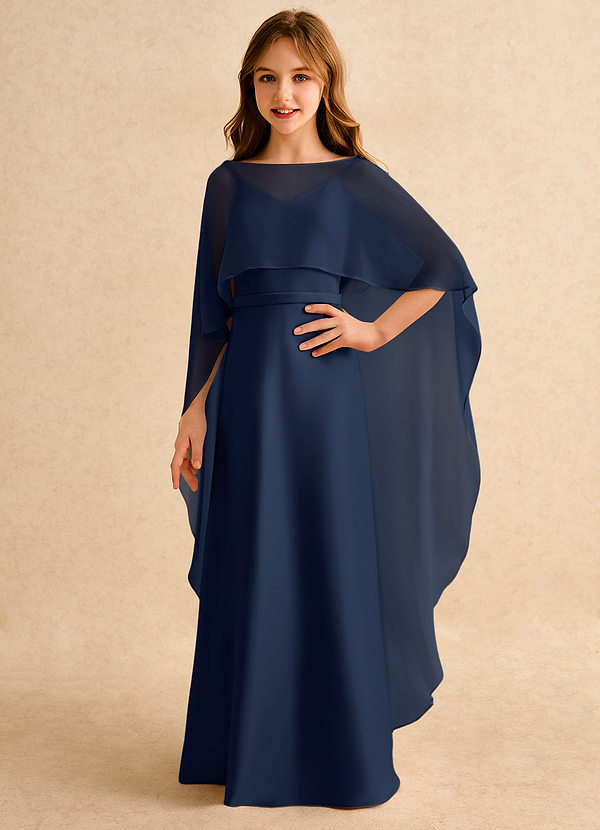 Azazie Fishie Girls Formal Robes de Fillette d'Honneur Robe Trapèze en Mat Satiné Bleu Marine Foncé image1