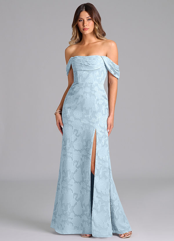 Azazie Saige Bruidsmeisjes Jurken Converteerbaar Jurk van Bloemen Burn-out met A-Lijn Off the Shoulder Hemelsblauw image1