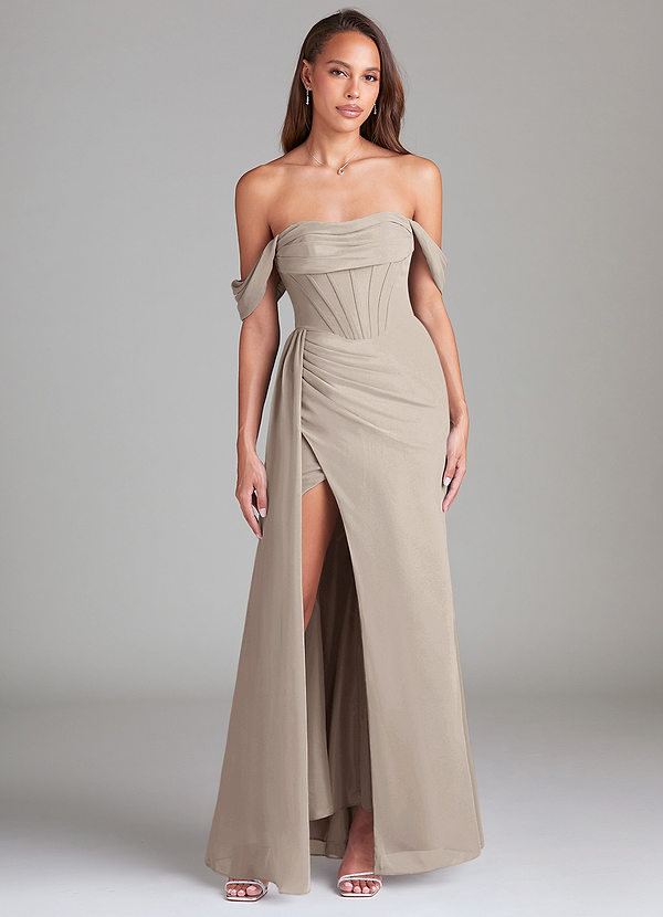 Azazie Amyra Bridesmaid Dresses Frost Sheath Off the Shoulder Chiffon Convertible Dress image1