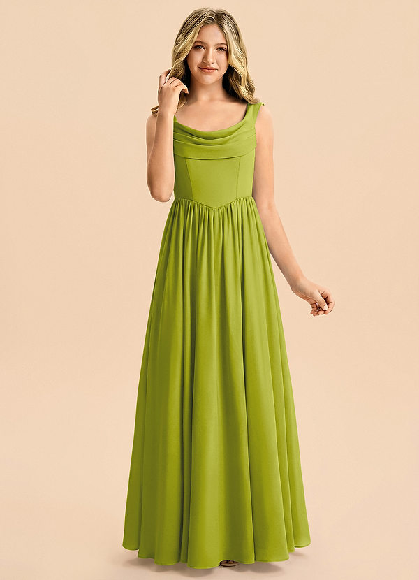 Azazie Novi Junior Lemongrass A-Line Pleated Stretch Satin Dress image1