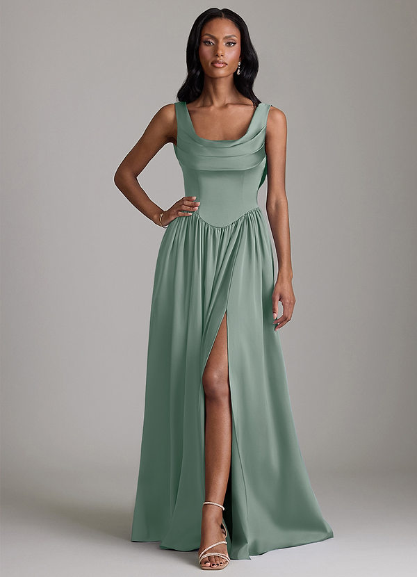 Azazie Novi Robes Demoiselle d'honneur Robe Trapèze en Satin extensible avec poches Sauge D'argent image1
